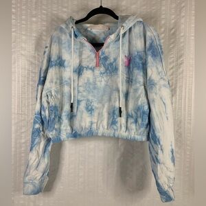 Playboy Missguided quarter zip cropped hooded fleece. White with blue tie dye.